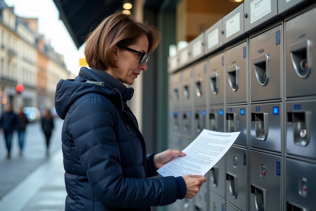 Femme consultant les conditions d'accès aux casiers colis d'un point relais automatique à Bordeaux