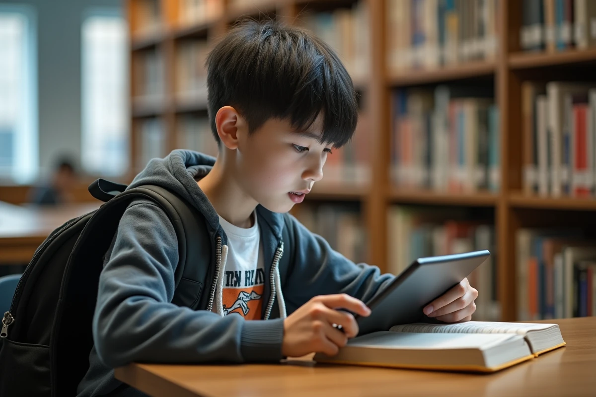 Adolescent lisant manga sur tablette dans une bibliothèque