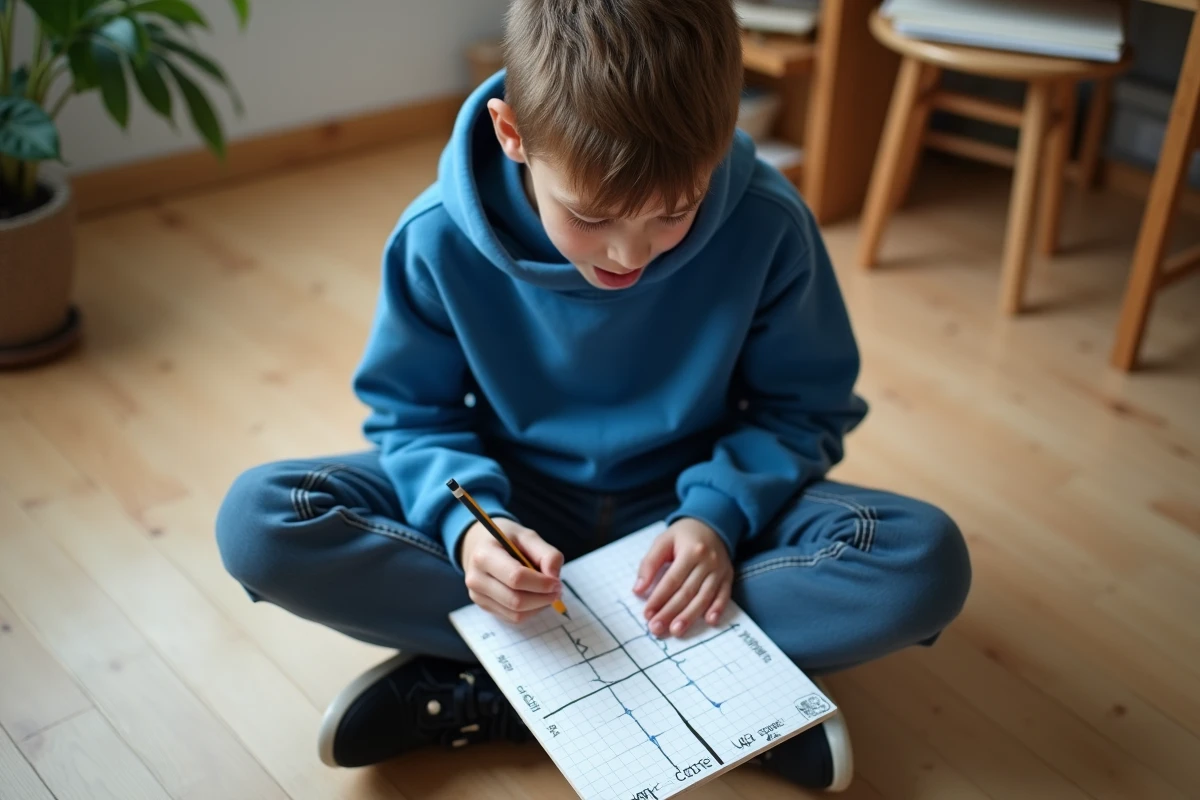 Adolescent dessinant une grille de bataille navale mini format sur un carnet posé sur le sol