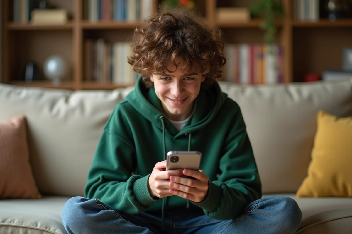 Adolescent sur un canapé tenant un smartphone avec un problème de défilement bloqué