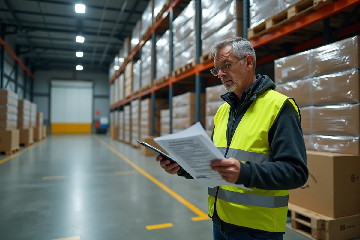 Agent logistique vérifiant des documents de déclaration en douane et des données tarifaires sur tablette dans un entrepôt de marchandises importées