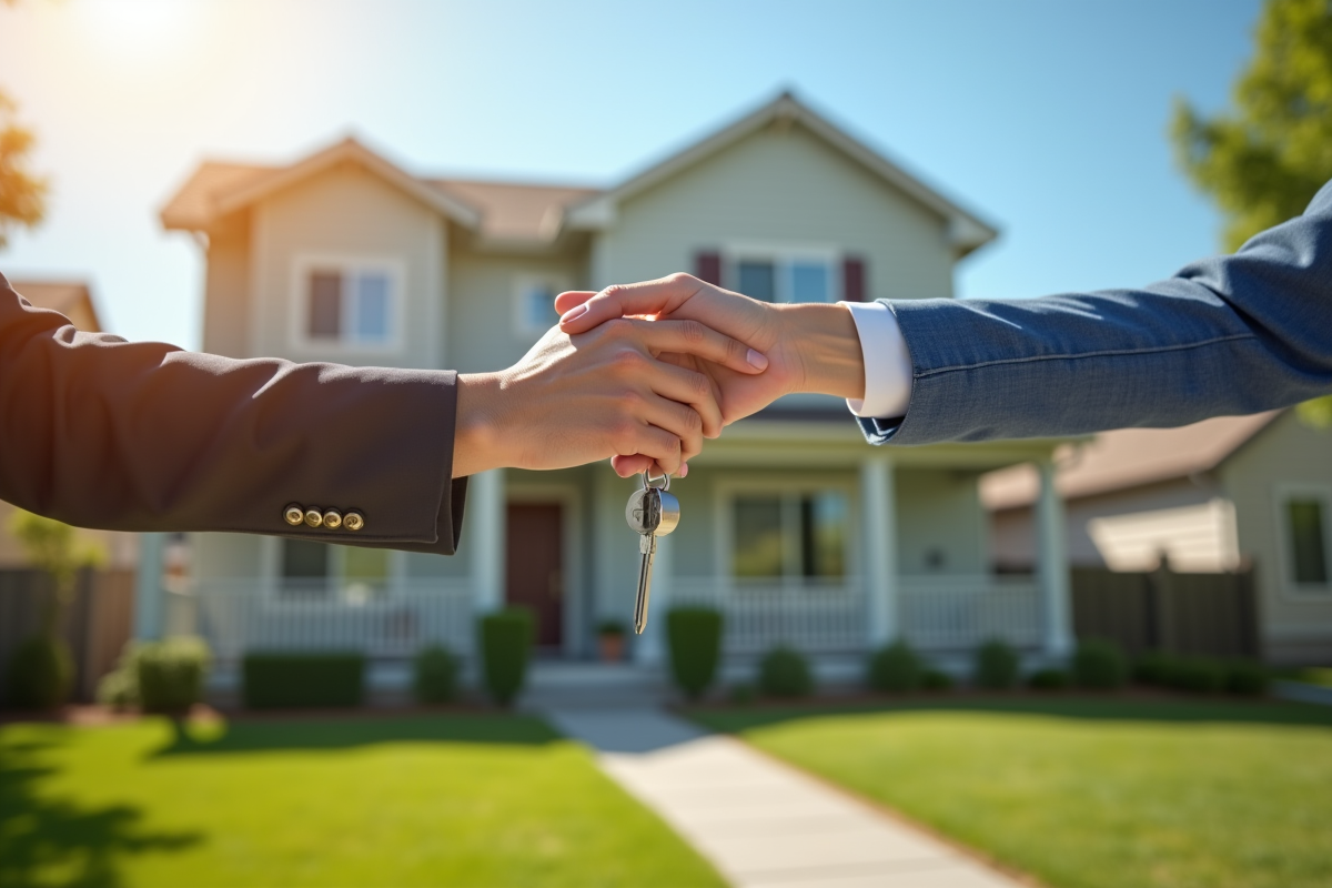 Agent immobilier remet les clés à une famille devant une maison
