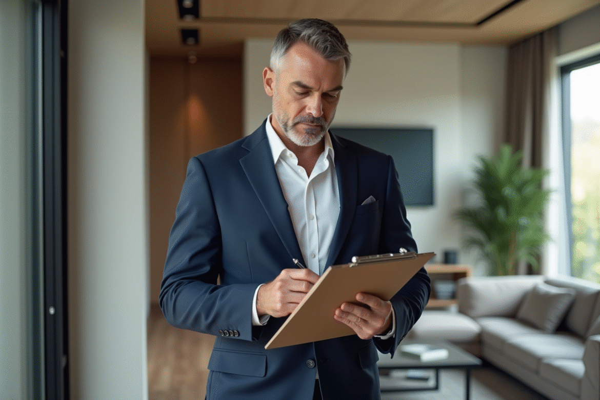 Agent immobilier homme en costume inspectant un salon moderne