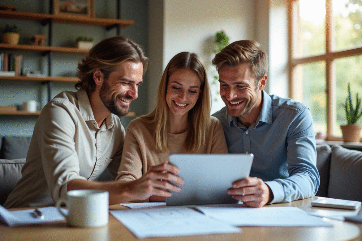 Agent immobilier et couple discutant d'une estimation dans un salon lumineux
