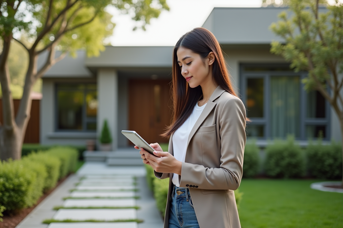 Jeune agente immobiliere avec tablette devant maison contemporaine