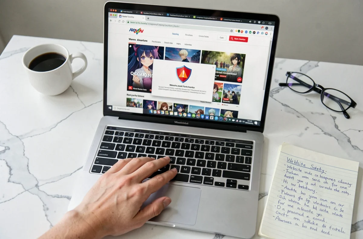 Alerte de sécurité sur un site de streaming anime comme Adkimi visible sur un écran d'ordinateur portable avec avertissement de sécurité