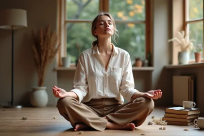 Femme en méditation spirituelle sur un plancher en bois, entourée de journaux et de fleurs séchées, symbolisant la quête de l'âme sœur selon une définition spirituelle