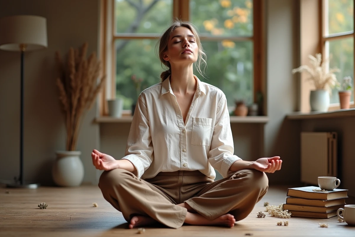 Femme en méditation spirituelle sur un plancher en bois, entourée de journaux et de fleurs séchées, symbolisant la quête de l'âme sœur selon une définition spirituelle