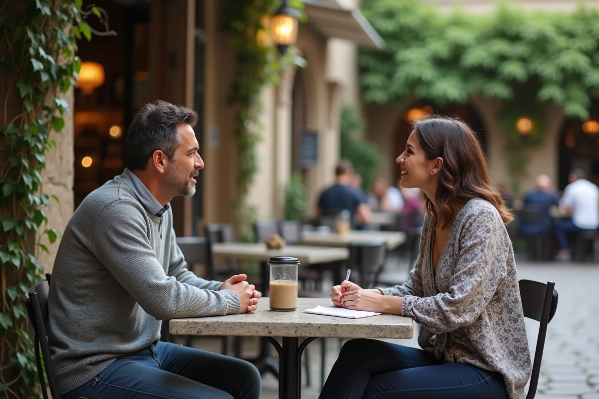 Deux personnes en conversation profonde à une terrasse de café en pierre, illustrant la connexion spirituelle entre âmes sœurs au-delà de la romance