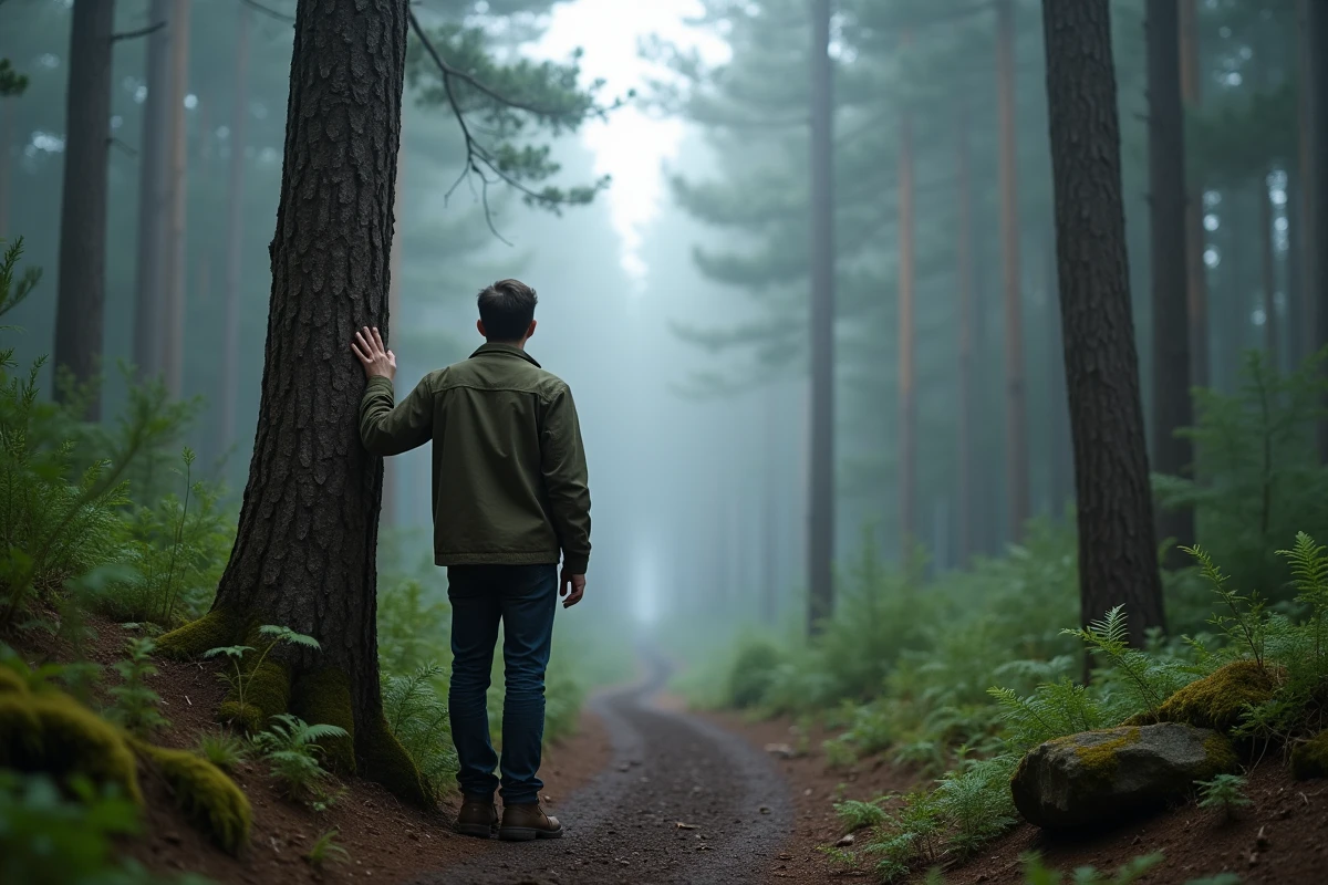 Homme seul face à une forêt brumeuse posant la main sur un arbre, évoquant la solitude et la recherche spirituelle de l'âme sœur
