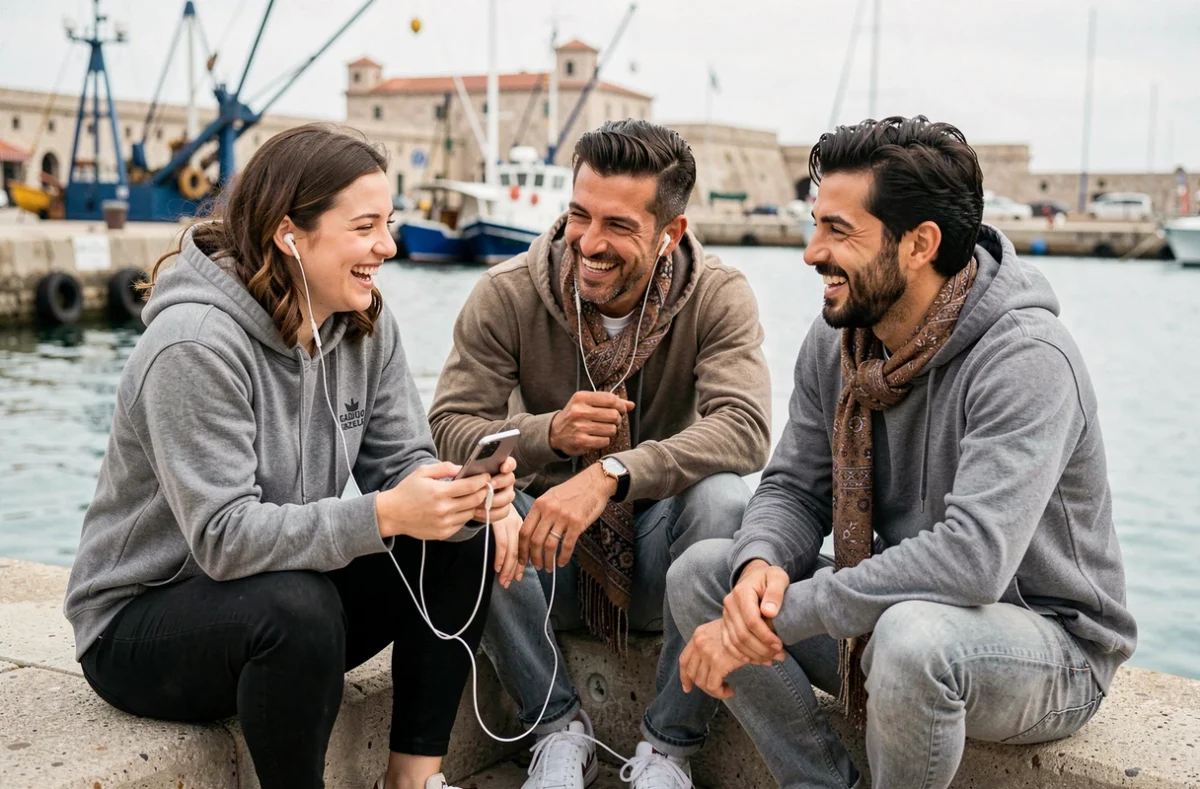 Groupe d'amis écoutant Radio Gazelle en direct au Vieux-Port de Marseille