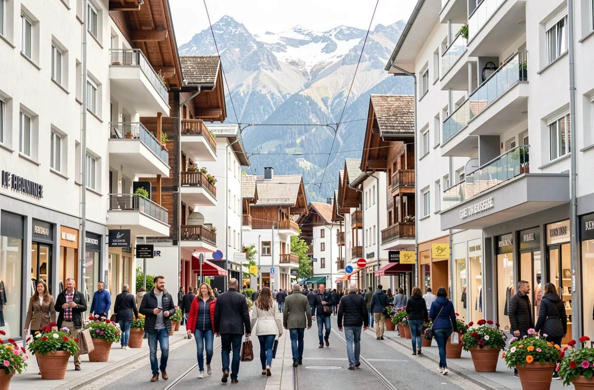 Rue commerçante animée d'Annemasse en Haute-Savoie avec commerces et montagne en arrière-plan, illustrant la surprise frontalière sécuritaire