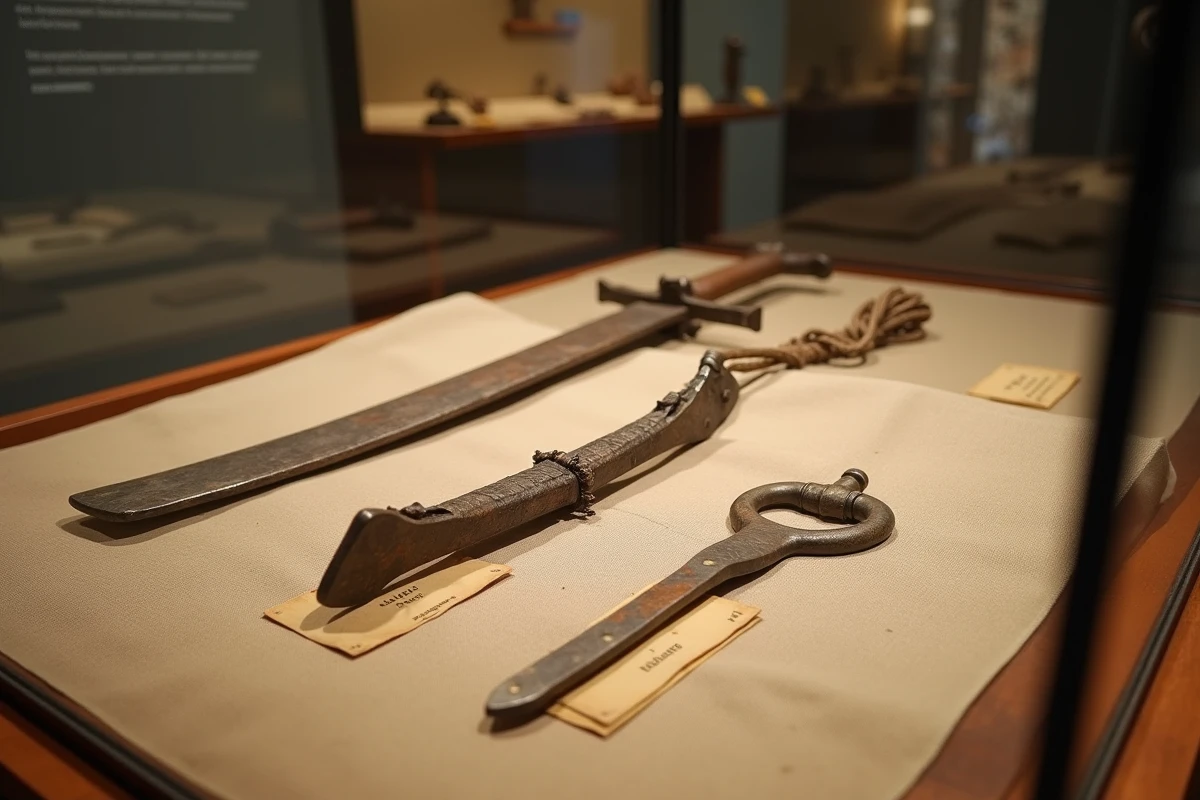 Détail d'artefacts gaulois authentiques, épée en fer et fibule en bronze, exposés dans une vitrine du MuséoParc Alésia en Bourgogne