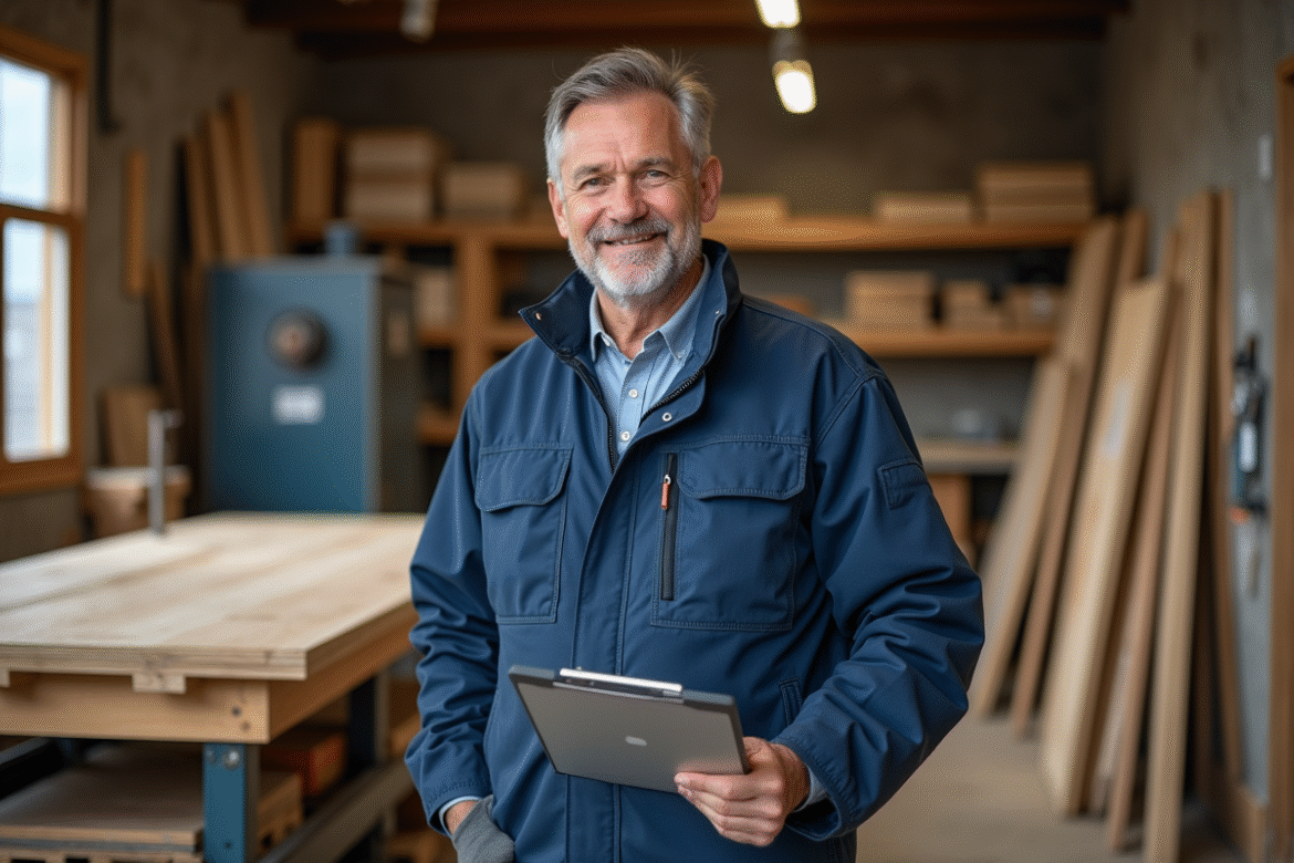 Homme artisan en atelier de menuiserie moderne