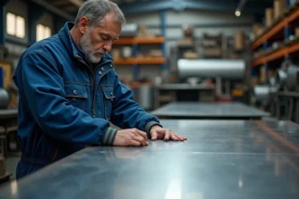 Artisan homme en bleu examinant acier inoxydable en atelier