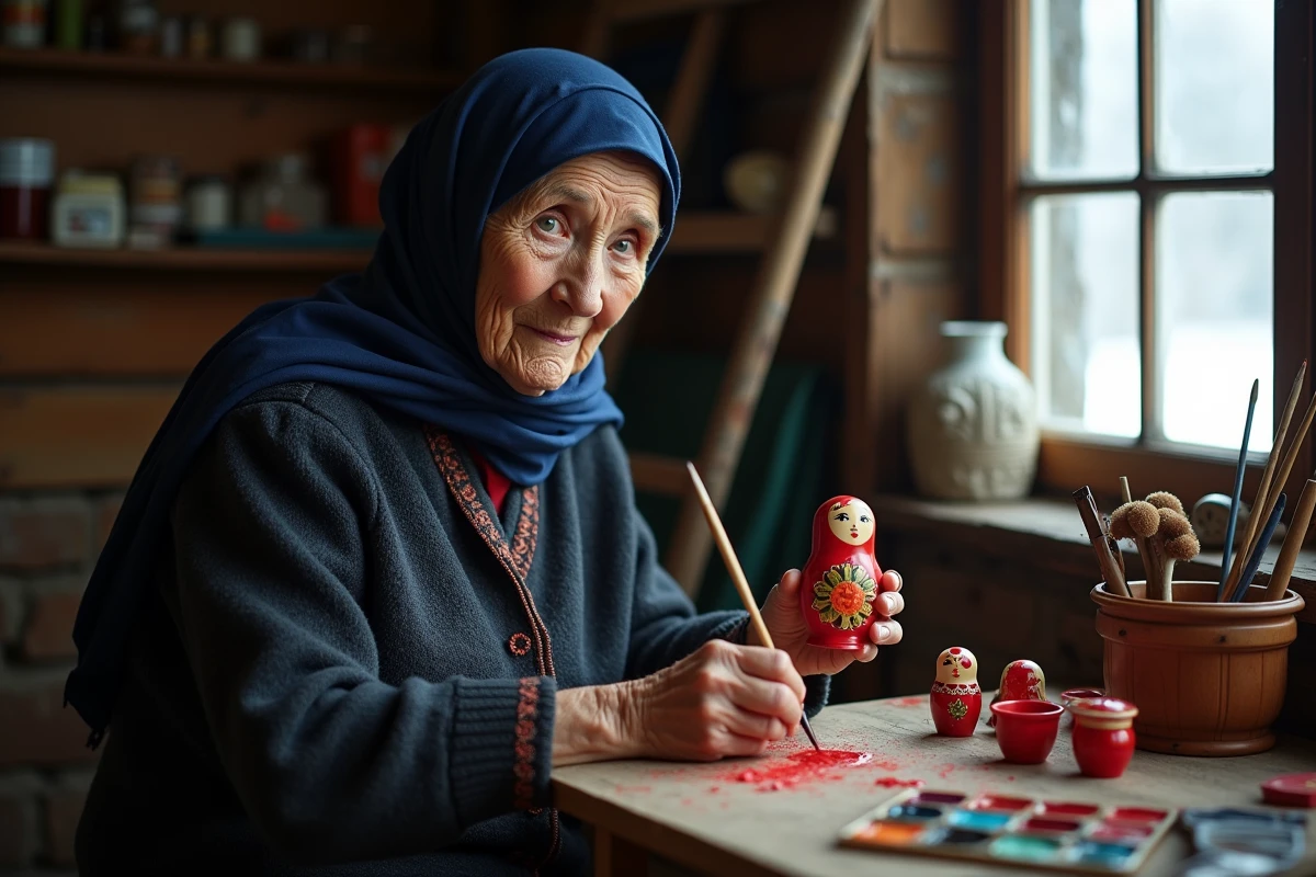 Artisane âgée peignant à la main une poupée russe matriochka en bois dans son atelier traditionnel, avec une expression de concentration