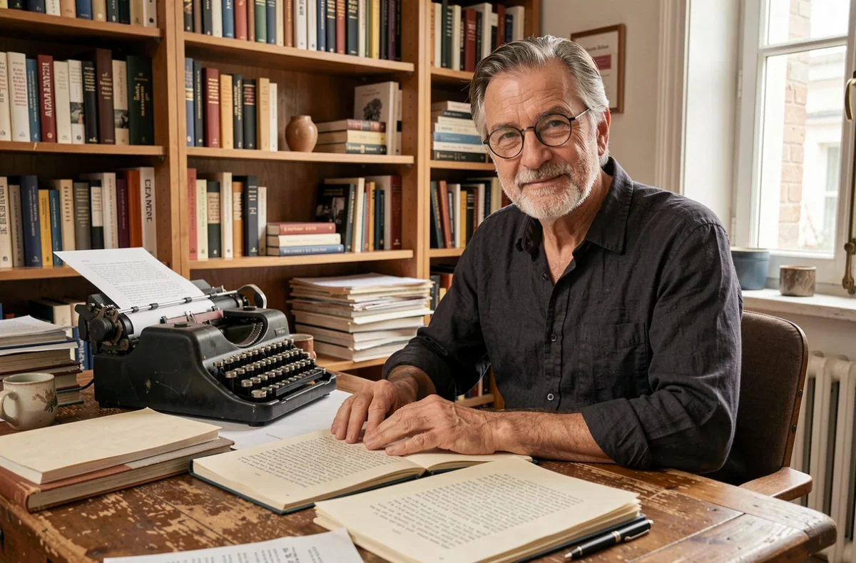 Auteur et humoriste français dans son bureau créatif entouré de manuscrits et de livres