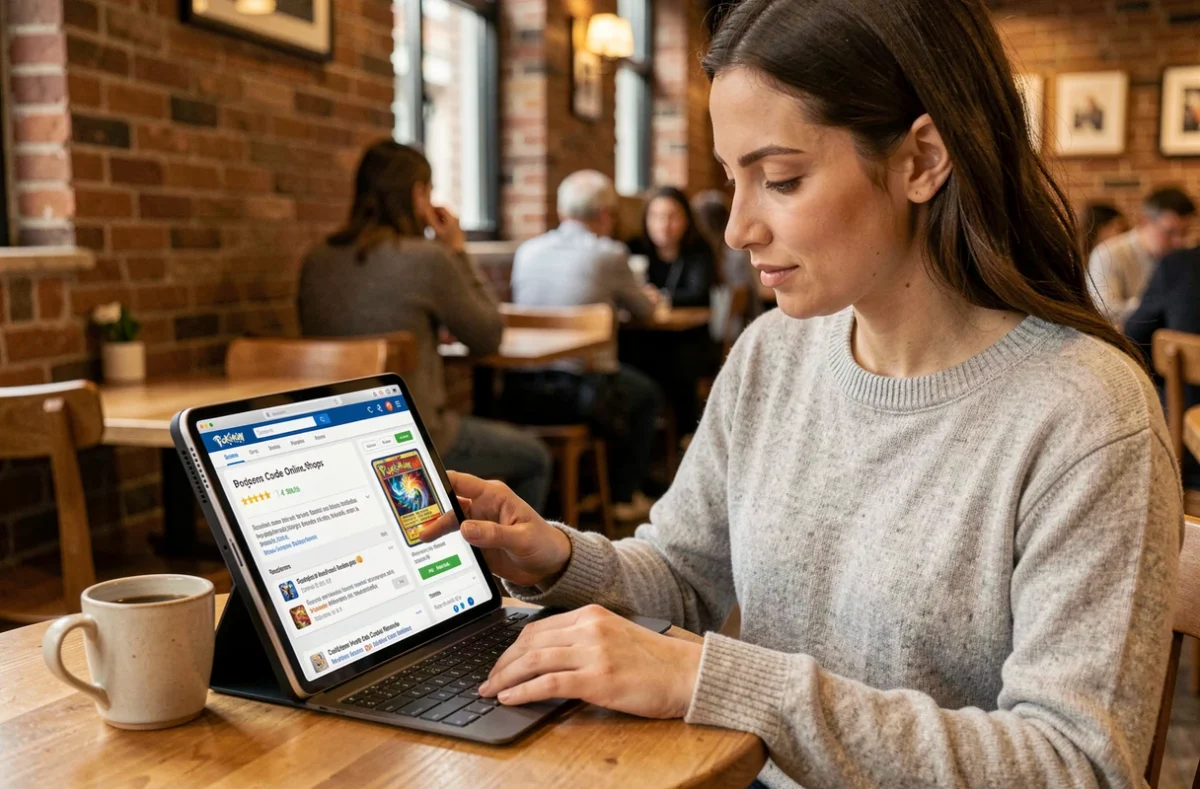 Femme consultant des avis clients sur la fiabilité de boutiques de codes Pokémon Card Game Online depuis une tablette dans un café