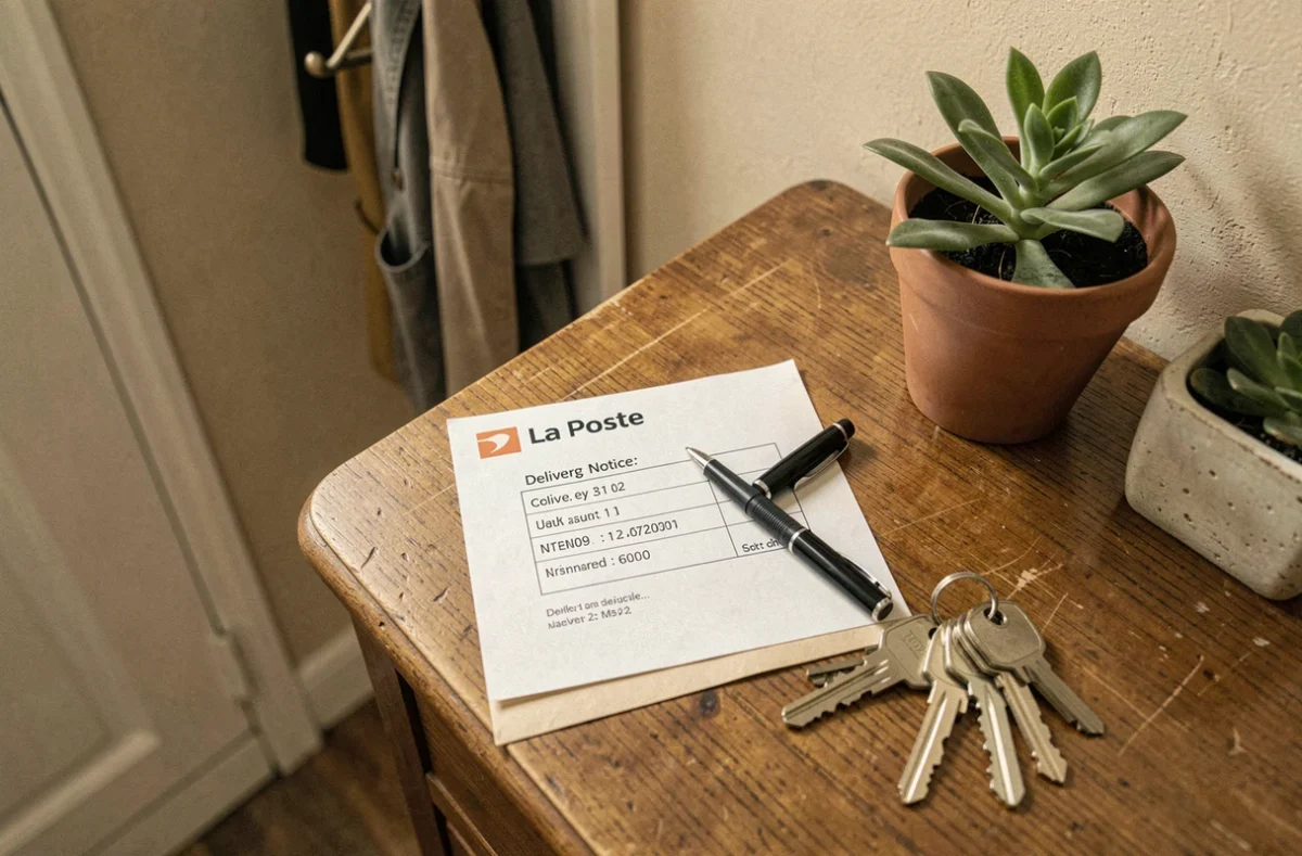 Avis de passage La Poste posé sur un meuble d'entrée avec un stylo pour indiquer un changement d'adresse de livraison