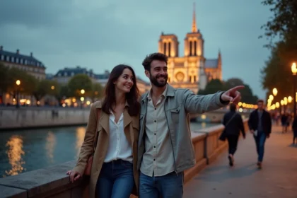 Couple se promenant le long de la Seine à Paris le soir sans dépenser beaucoup d'argent