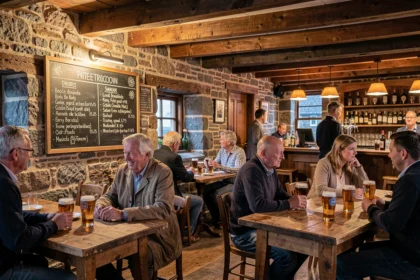 Ambiance typique d'un bar breton avec murs en granite, poutres en bois et clients attablés devant des bières artisanales