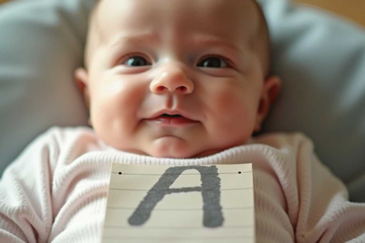 Gros plan d'un bébé nouveau-né portant un porte-nom avec la lettre A