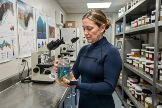 Biologiste marine examinant des organismes bioluminescents prélevés dans les abysses de la fosse Challenger