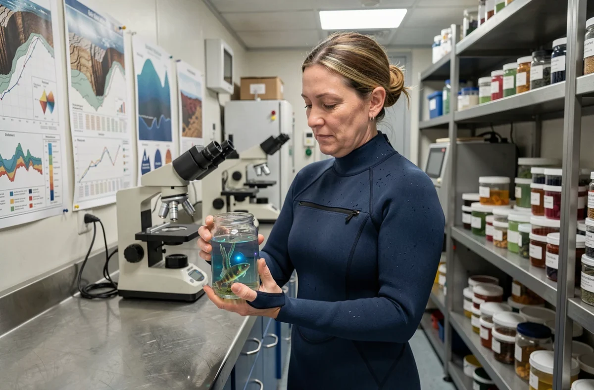 Biologiste marine examinant des organismes bioluminescents prélevés dans les abysses de la fosse Challenger