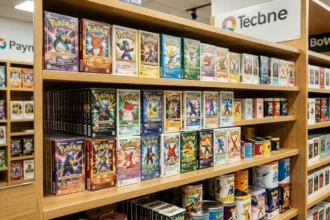 Rayons d'une boutique spécialisée avec displays et coffrets Pokémon en 2026