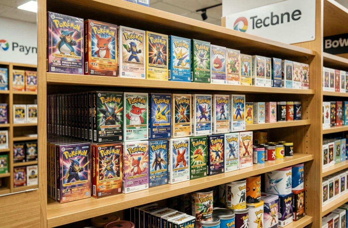 Rayons d'une boutique spécialisée avec displays et coffrets Pokémon en 2026