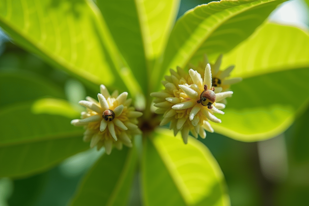 Branche de citronnier sain avec cochenilles blanches en gros plan