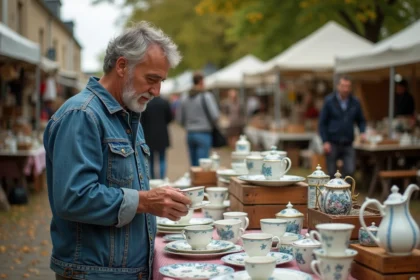 Homme examinant des tasses en porcelaine dans une brocante en Lorraine