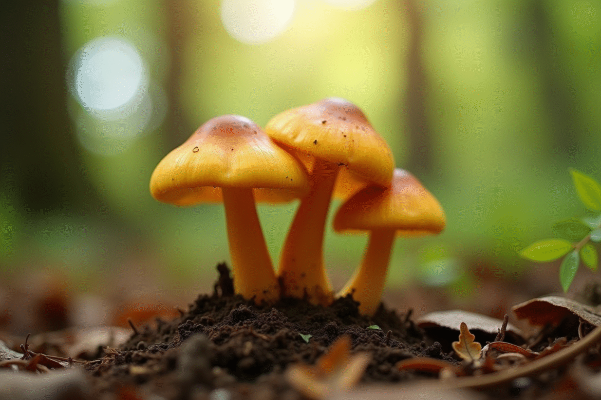 Champignons chanterelles sur sol forestier en lumière naturelle
