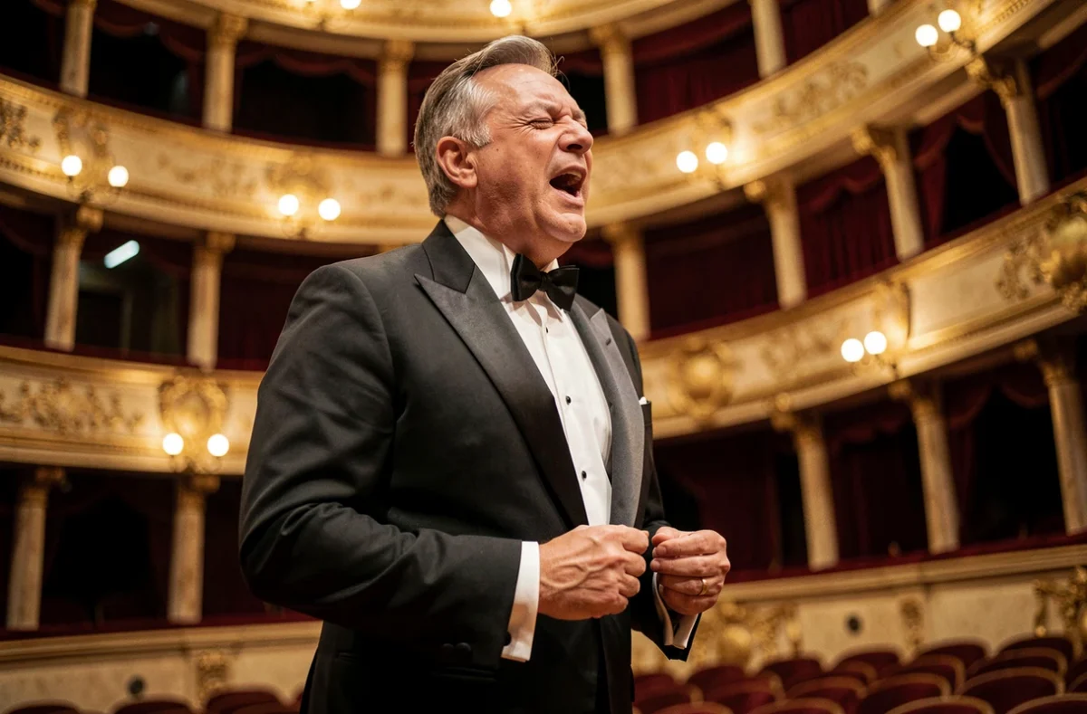 Chanteur d'opéra italien en costume de scène dans un grand théâtre historique aux balcons dorés et rideaux de velours rouge