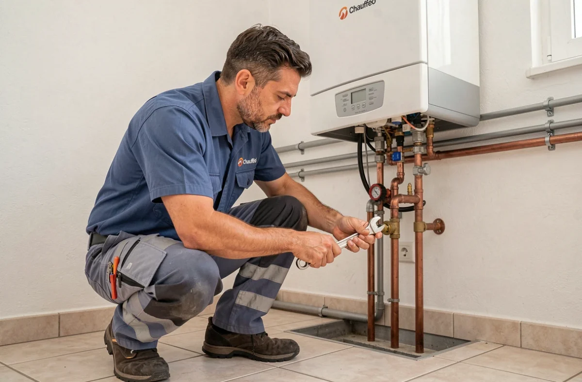 Technicien Chaufféo en train d'installer une chaudière à condensation dans un appartement marseillais