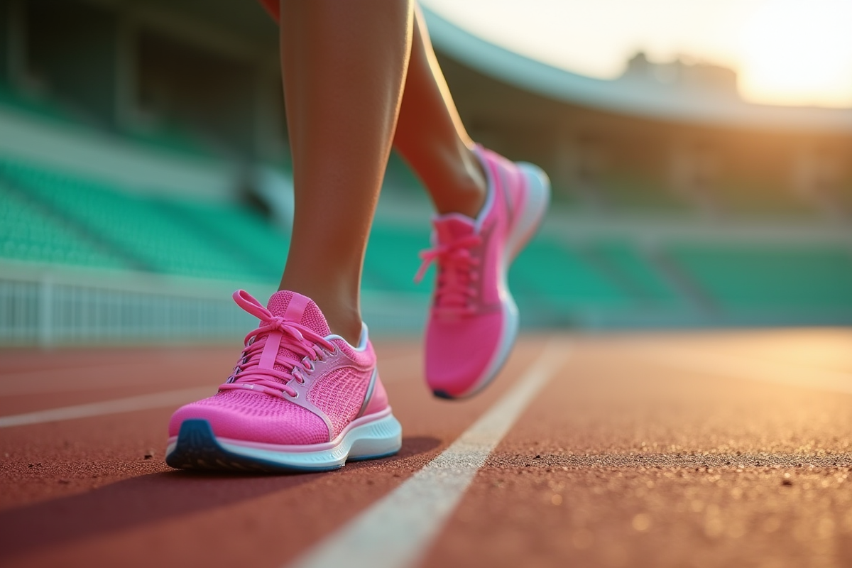 Chaussure de sport féminine sur piste au petit matin en extérieur