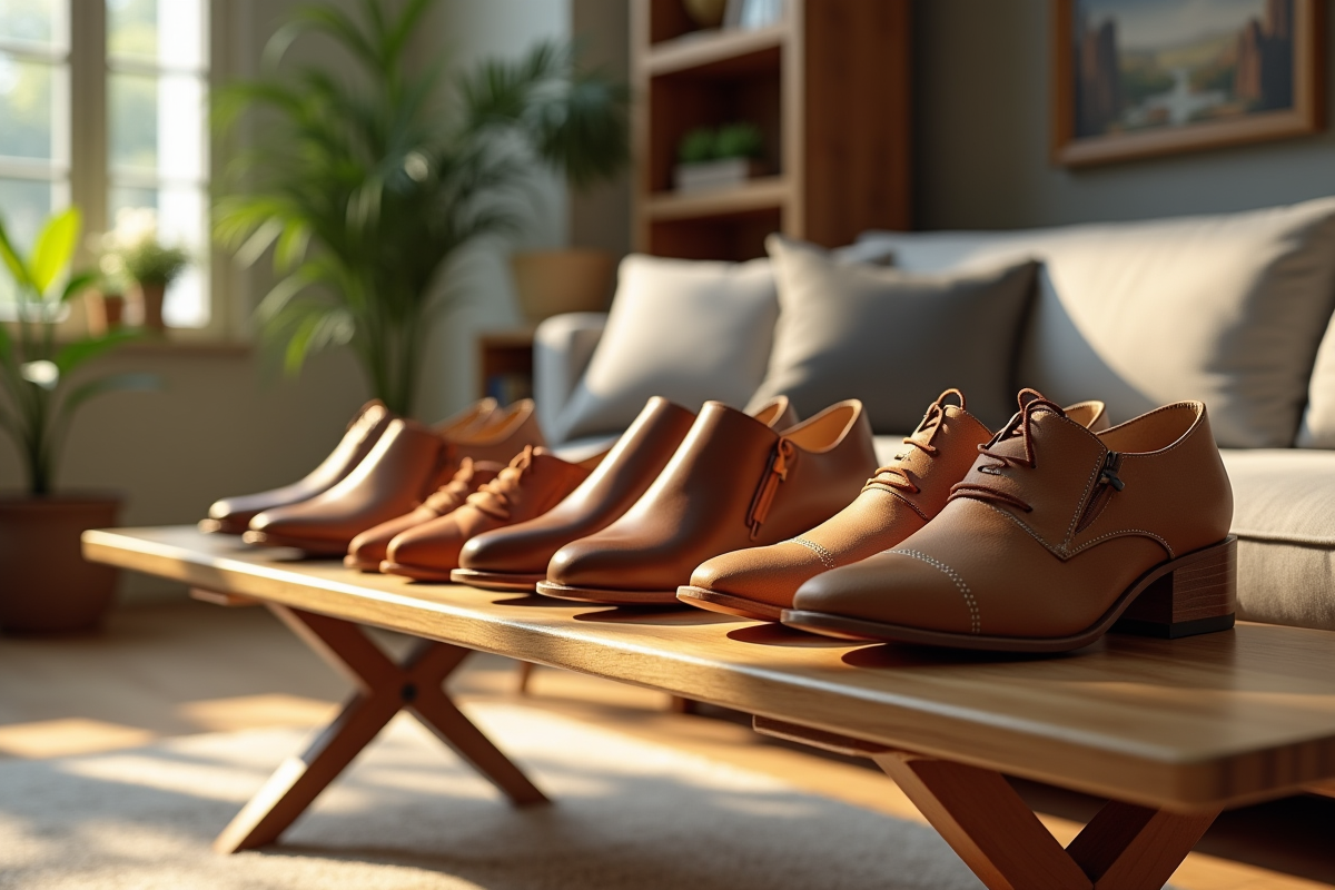 Plusieurs paires de chaussures de créateur sur un banc en bois dans un salon lumineux