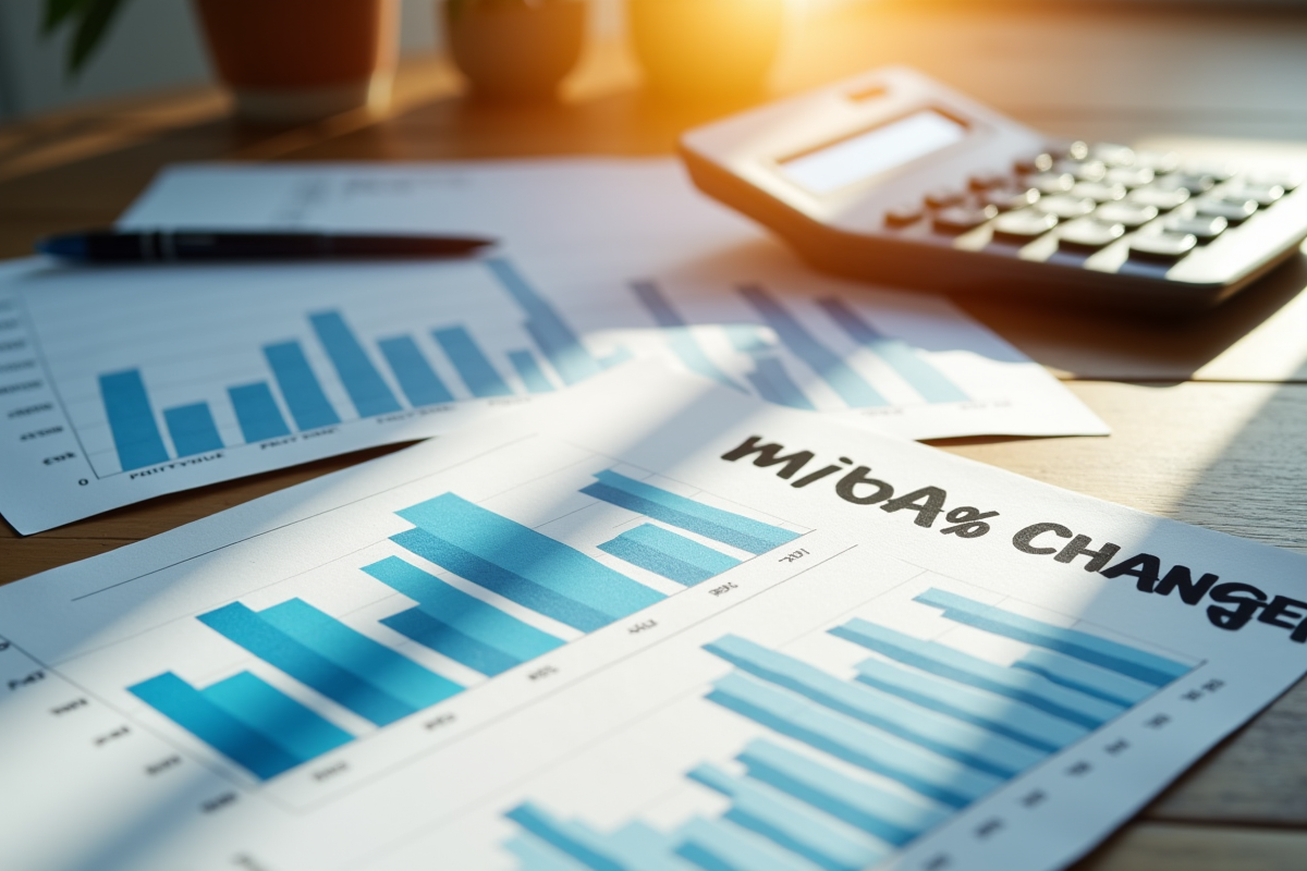 Chiffres financiers et calculatrice sur un bureau ensoleille