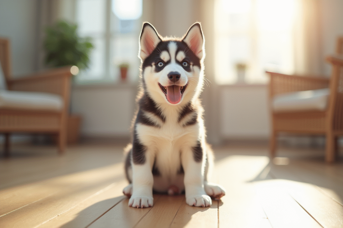 Chiot husky joueur assis sur le sol lumineux