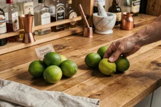 Comparaison de citrons verts bio et classiques posés sur un comptoir en bois dans une cuisine de bar maison