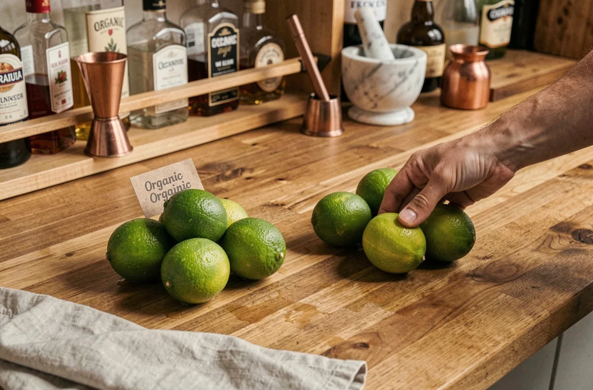 Comparaison de citrons verts bio et classiques posés sur un comptoir en bois dans une cuisine de bar maison