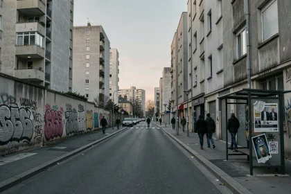 Rue urbaine française au crépuscule avec immeubles en banlieue, graffitis et piétons, illustrant l'insécurité dans les villes françaises