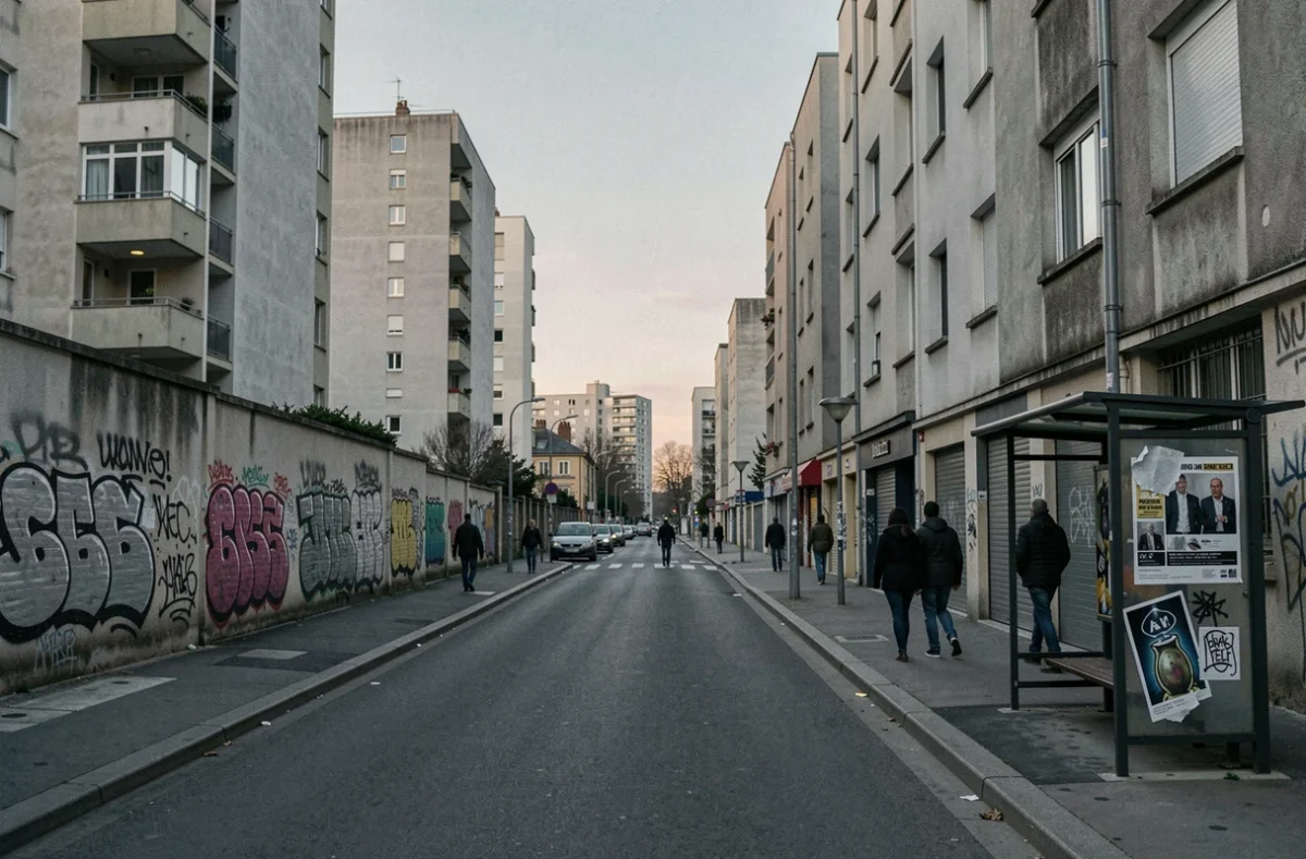 Rue urbaine française au crépuscule avec immeubles en banlieue, graffitis et piétons, illustrant l'insécurité dans les villes françaises