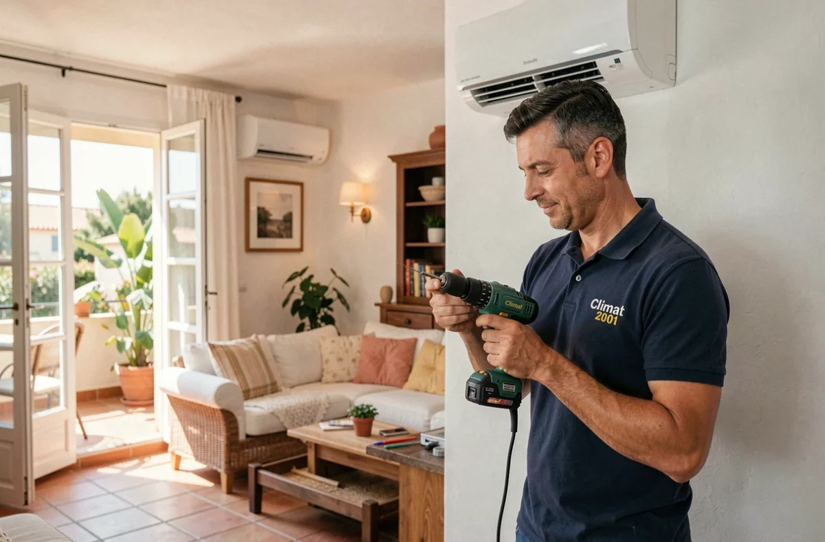 Technicien Climat 2001 installant un système de climatisation et chauffage dans un salon marseillais