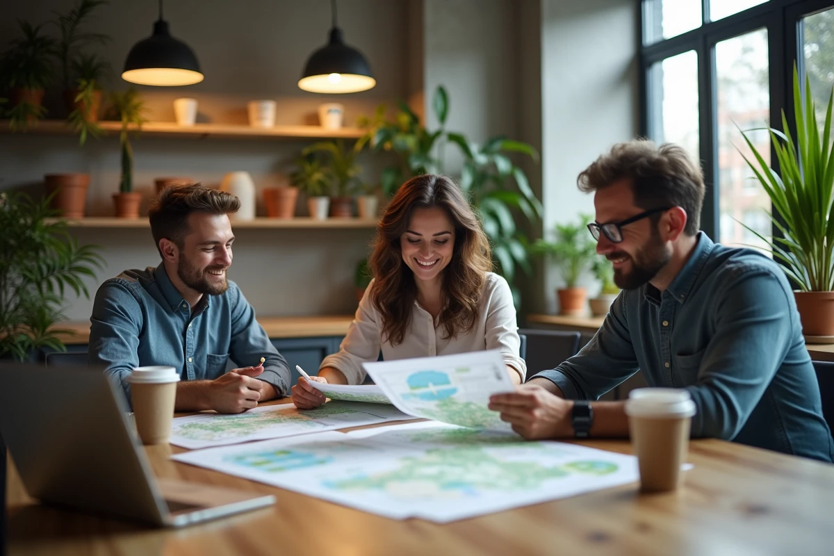Équipe pluridisciplinaire analysant des rapports de durabilité et des cartographies climatiques dans un espace de coworking, représentant la démarche collaborative de Co-valence.fr en 2026