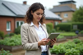 Femme professionnelle consultant des données climatiques devant un jardin urbain équipé de panneaux solaires, illustrant l'engagement de Co-valence.fr face aux défis environnementaux en 2026