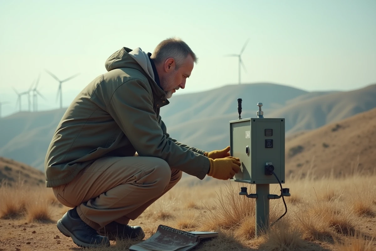 Technicien terrain inspectant une station de mesure climatique dans un paysage semi-rural avec éoliennes en arrière-plan, symbolisant le suivi environnemental opéré par Co-valence.fr en 2026