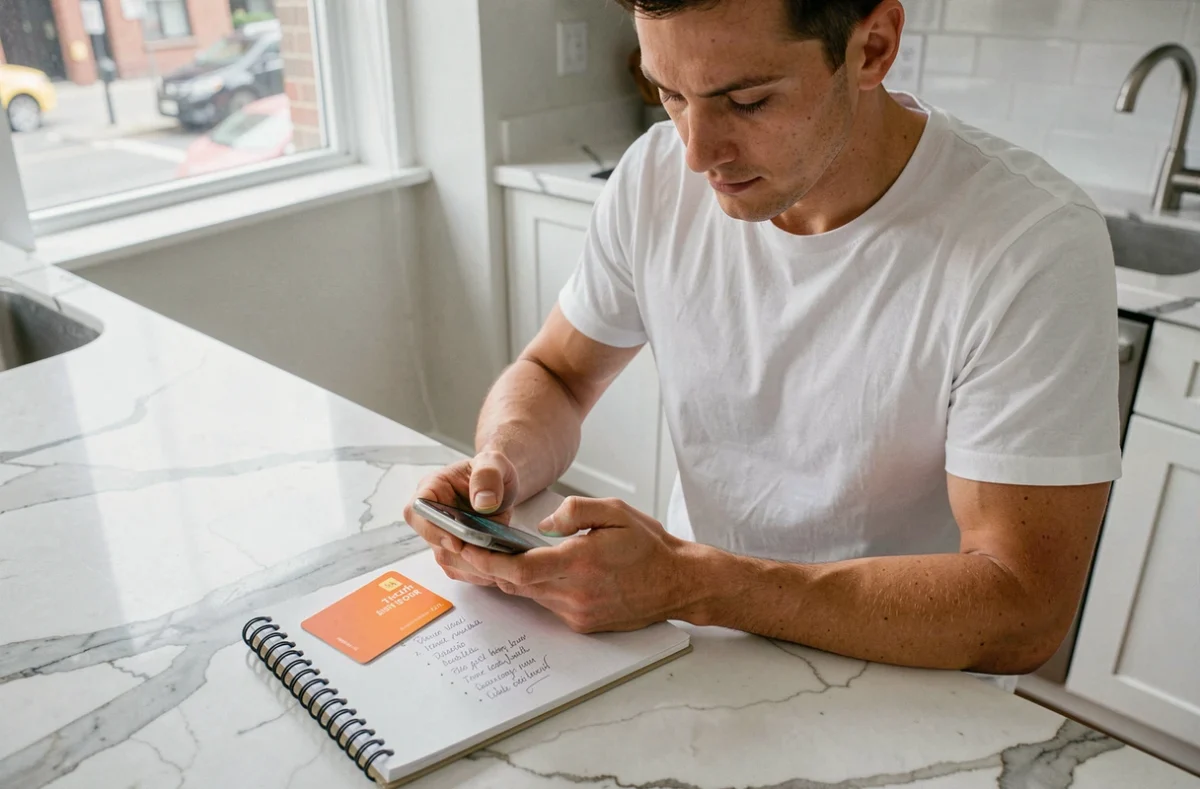 Homme utilisant un smartphone pour entrer un code carte Illicado lors d'un achat Amazon avec des notes manuscrites à côté