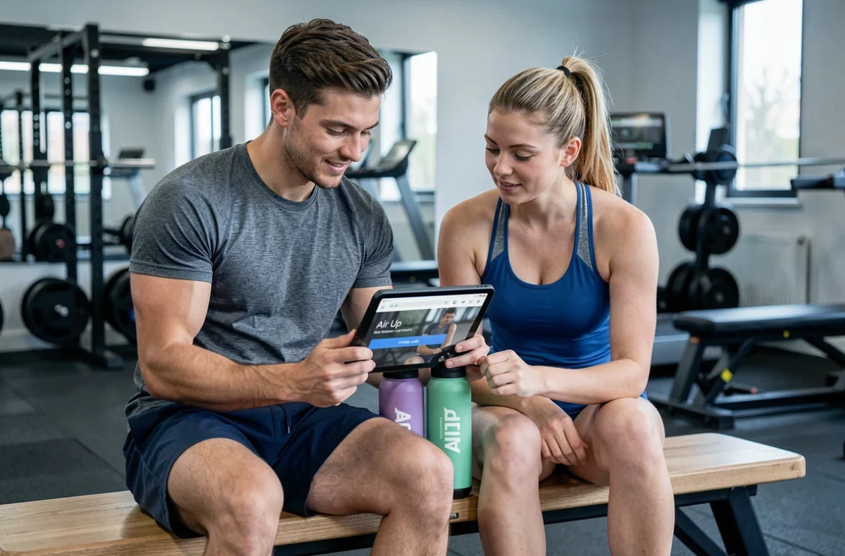 Deux amis dans un studio de fitness consultant le site Air Up avec un code promo Inoxtag sur tablette entourés de bouteilles Air Up