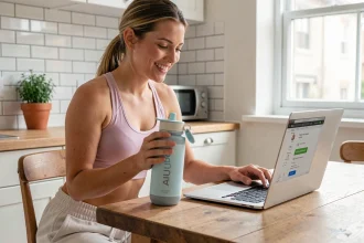 Jeune femme utilisant un code promo Air Up Inoxtag sur son ordinateur portable tout en tenant une bouteille Air Up dans sa cuisine